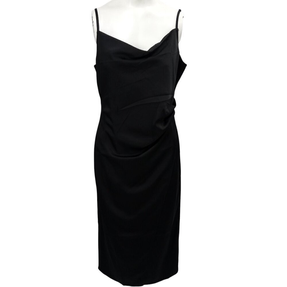 Lulus Hollywood Woman Black Satin Midi Dress Size M Spaghetti Strap Drape Ruched